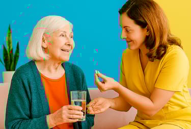 Ayudante recordando la toma de medicinas a persona mayor