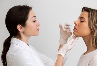 a woman in white gloves is getting her nose job done