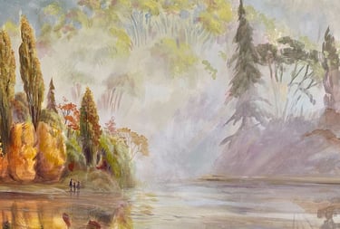  Close-up of a hydrotherapy mural depicting a forested lake in New Zealand with people walking.