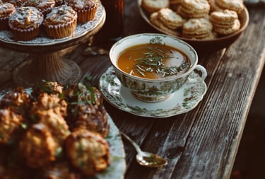 Rustic table setting with assorted pastries, vintage floral-patterned crockery, and a cup of soup.