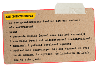 Dutch language lesson overview on a craft paper note detailing book promotion elements and storytelling.