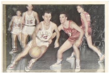 Rare Bob Cousy Rookie Card with image from him playing a celtics game in 1954