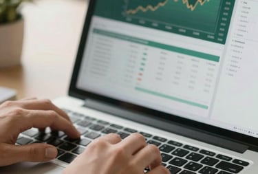 A close-up of a person's hands using a laptop displaying financial software in a bright North American / US workspace. The palette features pine green and pale icy white tones.