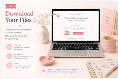 Step-by-step instructions to download a digital story planner PDF on a laptop at a desk with cozy office supplies.