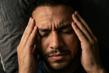 A man lying in bed holding his temples while suffering from a painful migraine headache.