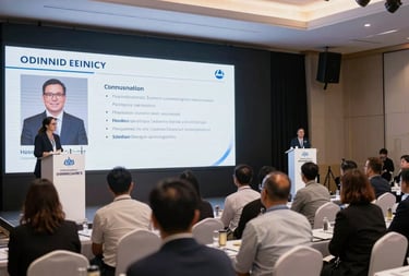 Professional business seminar presentation with a speaker at the podium and seated audience.