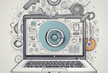 A sleek, modern website layout on a laptop screen with purple and blue accents.