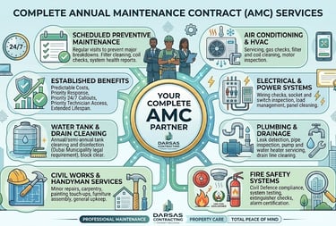 Infographic outlining annual maintenance contract services including HVAC, electrical, plumbing, and fire safety systems.
