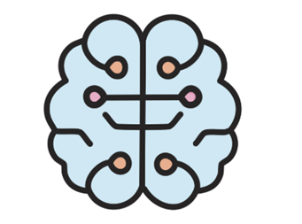 A light blue flat icon of a human brain featuring digital circuit board patterns and nodes.