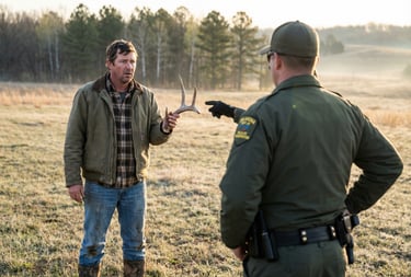 A wildlife conservation officer questions a man holding deer antlers in an open field at dawn.