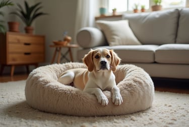 white and yellow dog laying in a dog bed in a cozy living room