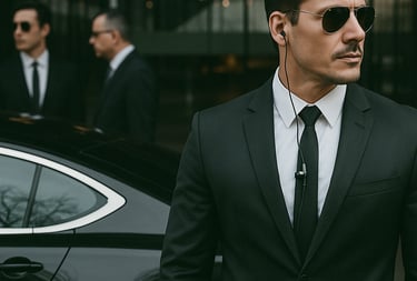 Professional bodyguard in a black suit and aviator sunglasses standing near a luxury car.