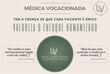 Um pôster com três frases médicas uma em cada lado e em cima, centralizado um logotipo de uma médica