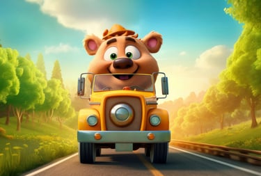 a cartoon bear driving a truck with a bear in the background