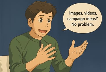 Smiling young man: 'Images, videos, campaign ideas? No problem.'