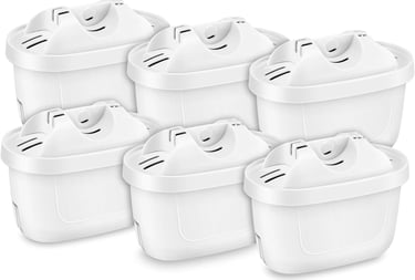 Six white replacement water filters for pitchers on a white background.