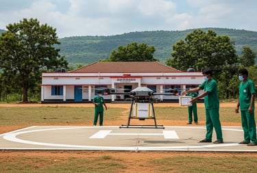 Medical drone delivering essential medicines to healthcare workers at a rural hospital in India.