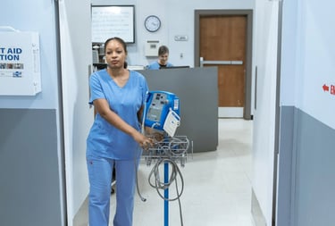 a nurse in scrubies standing in a hospital