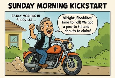Cartoon biker pastor rallies sleepy bikers to wake up for church.