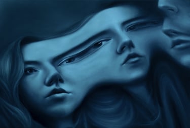 distorted self-portraits, exploring themes of identity and psychological fragmentation