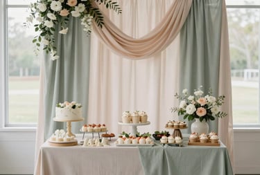 Baby shower venue setup, soft sage and blush draped fabric backdrop behind a dessert table, delicate floral garlands in white and pale peach hanging overhead, north-facing window light illuminating the full room composition