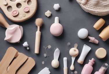 a baby's clothes and wooden toys on a table
