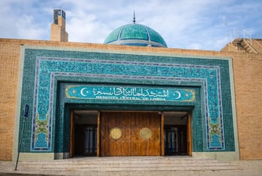 Central Mosque of Lisbon in Portugal, the main Muslim place of worship in the country with its turquoise dome.