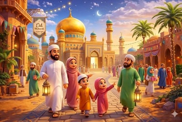 3D cartoon illustration of a happy Muslim family walking to an illuminated mosque for Eid prayer, festive atmosphere.