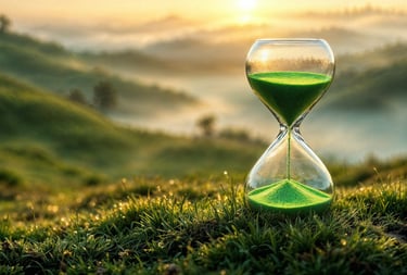 sablier  qui s'écoule  devant un paysage de matin brumeux