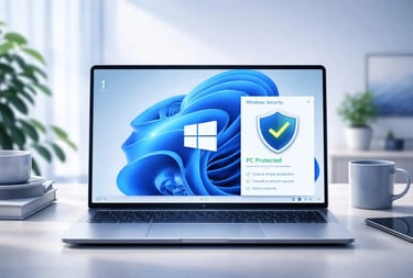 2026 best antivirus Windows 11 laptop displaying Windows Security with active protection shield indows-security-protection