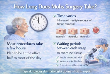 Illustration explaining how long Mohs surgery takes, showing multiple treatment stages