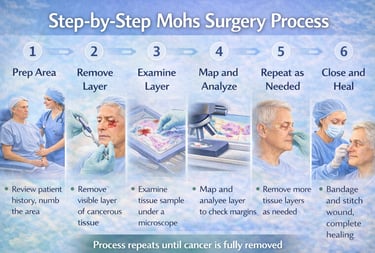 Step-by-step illustration showing the Mohs surgery process from preparation and tissue removal