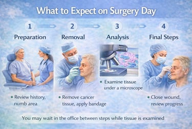 Step-by-step illustration showing what to expect on Mohs surgery day