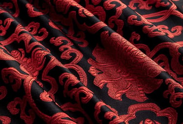 Red and black floral brocade fabric with intricate damask patterns and luxurious texture.