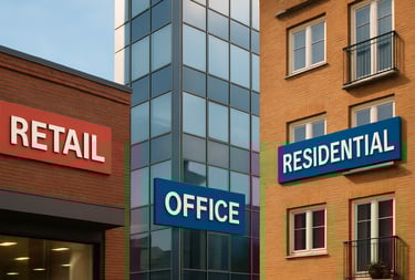 Icons representing different types of buildings (retail, office, residential)