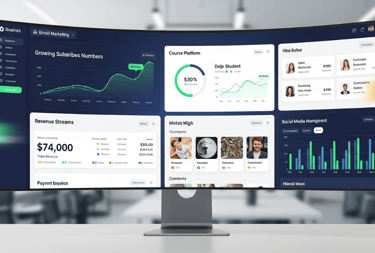 A modern dashboard displays integrated business analytics and performance metrics.