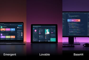 Multiple vibe coding platforms displaying visual AI app development interfaces