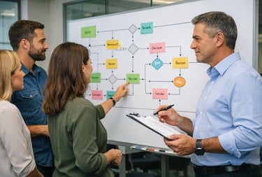 Profissionais analisando fluxos de trabalho para reduzir falhas, atrasos e desperdícios