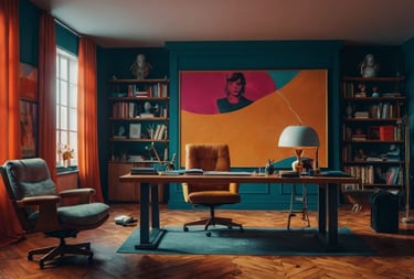 Sala de estar moderna com detalhes em azul marinho, sofá clássico e área de trabalho integrada.