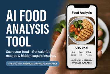 A mobile phone displaying an AI food analysis tool app calculating calories and macros for a grilled chicken meal.