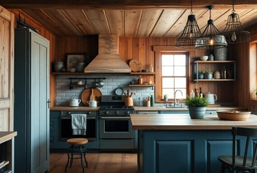 a rustic farmhouse kitchen with a wooden kitchen island and a wooden table