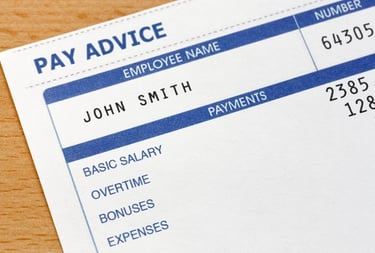 Employee pay stub and payroll documents showing payroll processing and payment calculations