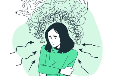 a woman with a head full of a messy thoughts