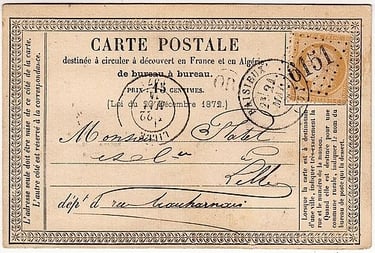 BAISIEUX, 22. Mai 1874. Die Briefmarke wurde mit dem Rautenstempel „Gros Chiffres 6151“ entwertet.