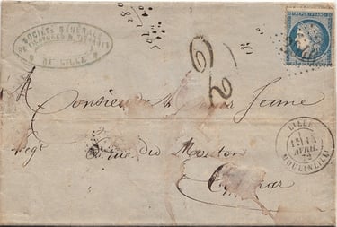Letter franked at 25 c (tariff of 01/09/1871) for COLMAR. Tax "2" Groschen applied in MULHOUSE.