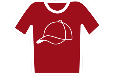 Red t-shirt icon with a white business cap graphic design on the front.
