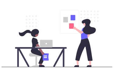 an ilustration of a women sitting on a desk with a laptop while other womam present CRM on a board