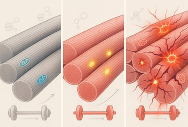 Representação visual de fibras musculares hipertrofiadas vs. não hipertrofiadas