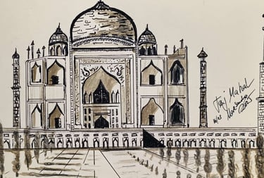 Taj Majal India , técnicas mixtas, tinta, lápices color D'Achè 