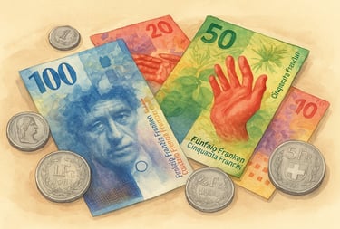 Swiss banknotes and coins – colourful francs in various denominations